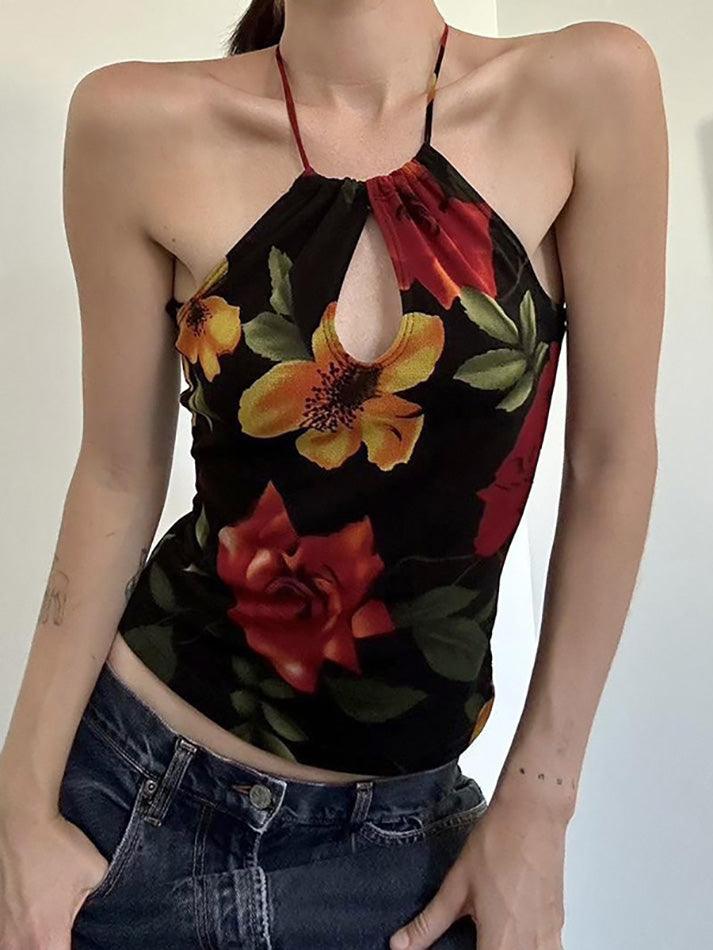 Ddbos - Halter-Neck Floral Print Cut-Out Slim-Fit Crop Cami Top