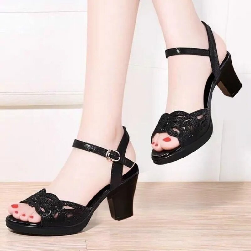 Ddbos New Thick Heel Sandals Women's Summer Fish Mouth Women's Shoes Rhinestone High Heels Women's Black Mother Shoes Women