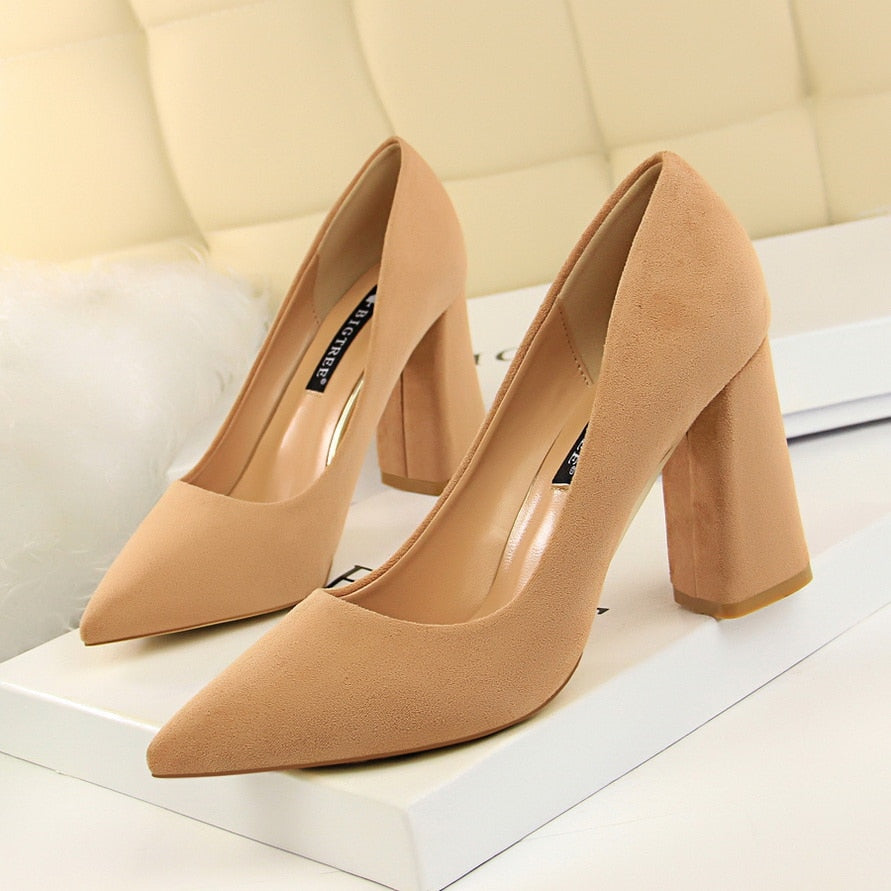 Summer Women 8.5cm High Heels Pumps Escarpins Elegant Sweet Lady Wedding Block Square Middle Heels Flock Suede Nightclub Shoes