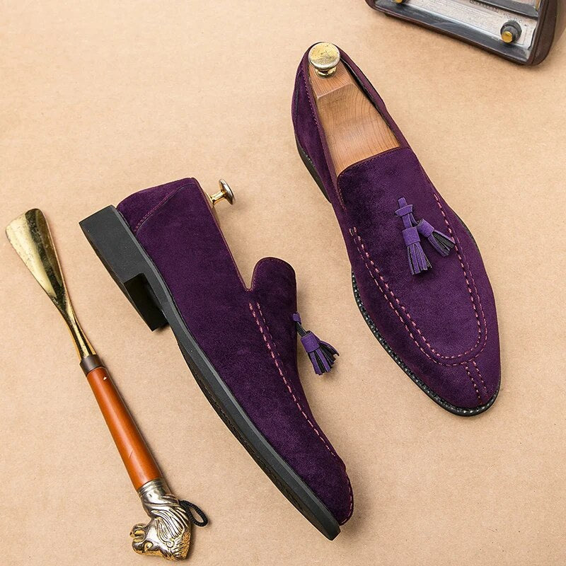 Ddbos Brand Design Men Suede Leather Shoes Moccasins Purple Tassel Pointed Men's Loafers Vintage Slip-on Casual Men Social Dress Shoe