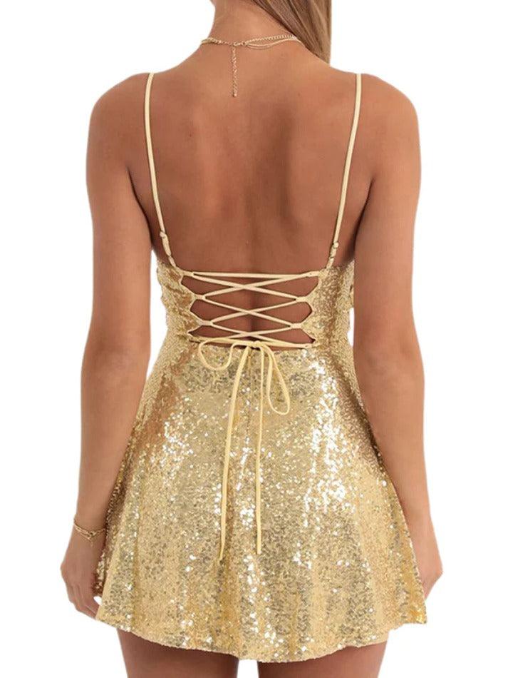 Ddbos - Sequin Backless Tie Up Mini Dress