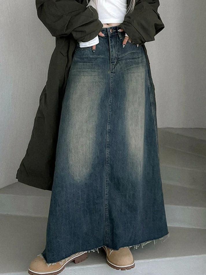 Ddbos - Vintage Washed Denim Maxi Skirt