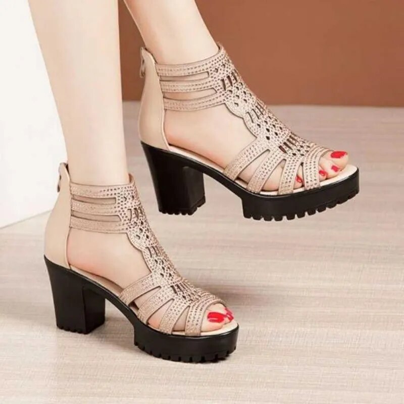 Ddbos High Heels Gladiator Sandals Woman Open Head Sexy Black Rivet Block Heel Platform Shoes Summer Back Zip Size 35-40 Women Sandals