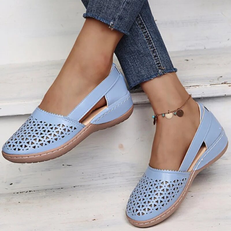 Ddbos Vintage Hollow Out Wedges Casual Shoes Women Summer Pu Leather Loafers Shoes Woman Plus Size 43 Lightweight Slip-On Flats