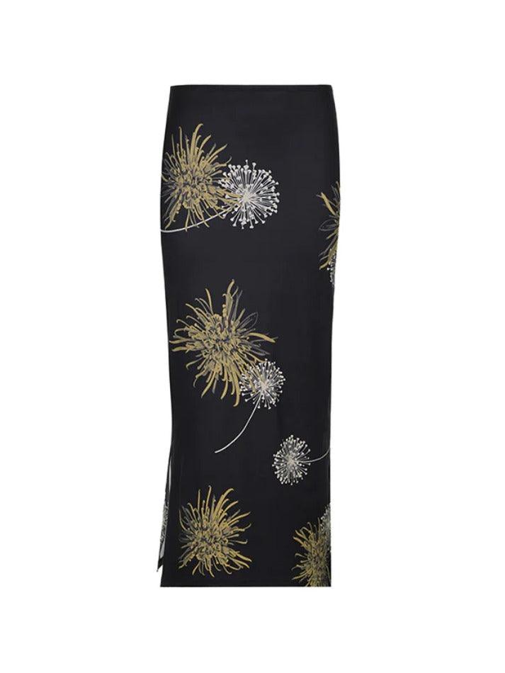 Ddbos - Flower Print Split Midi Skirt