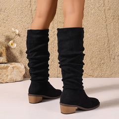 Ddbos Chic Black Stretch Knee-High Boots for Women - Slim Fit with Pointed Heel, Soft Velvet Lining & Durable Faux Leather