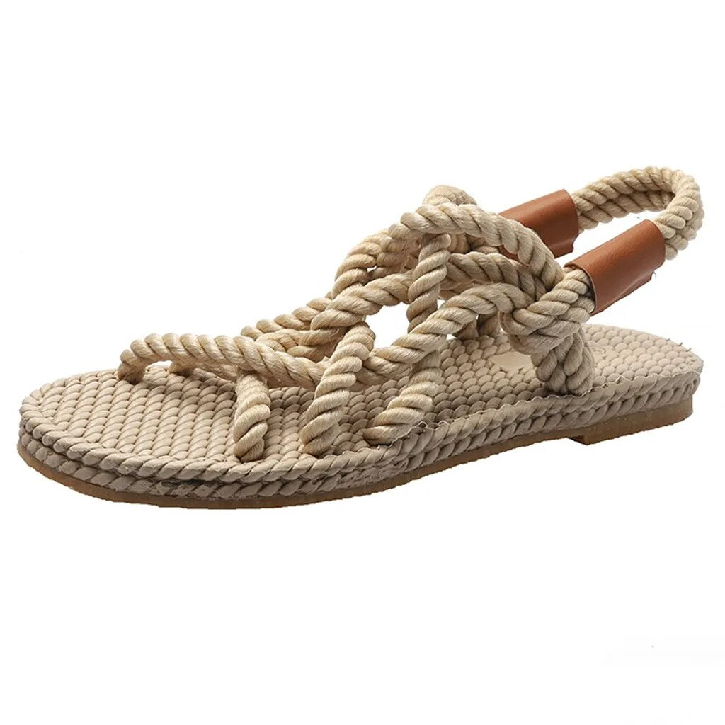 Ddbos 2024 Summer New Women's Roman Sandals Retro Open Toe Hand-woven Rope Non-slip Flat Shoes Casual Slip-on Outdoor Beach Shoes