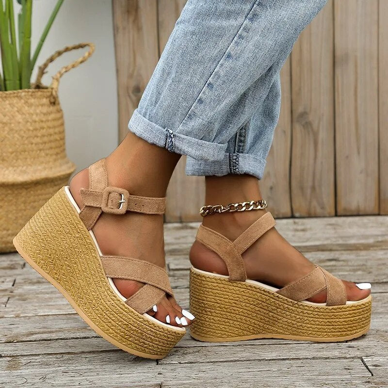 Ddbos Fashion Wedge Sandals for Women Summer Non-slip Peep Toe Platform Shoes Rubber Sole Buckle Elegant Heel Woman Sandale