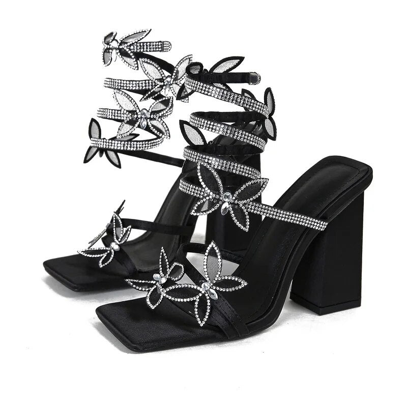 Ddbos New Design Butterfly-knot Ankle Strap Sandals Women Crystal Narrow Band Pumps Elegant Banquet Party High Heels Shoes