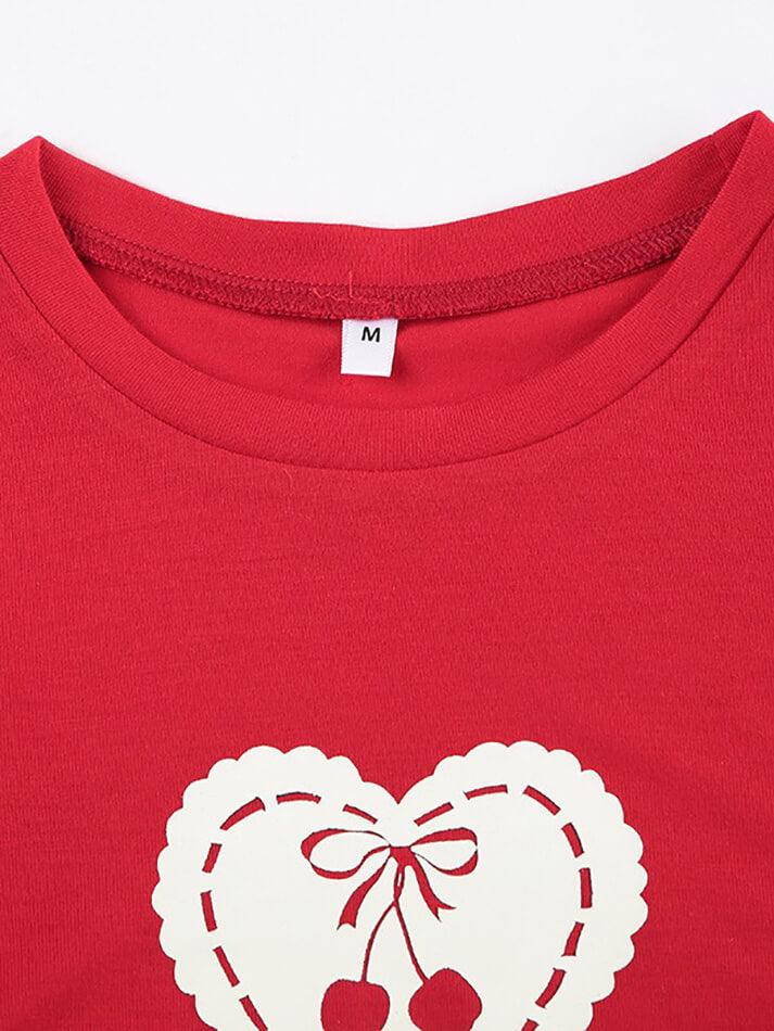 Ddbos - Embroidered Cherry Heart Baby Tee