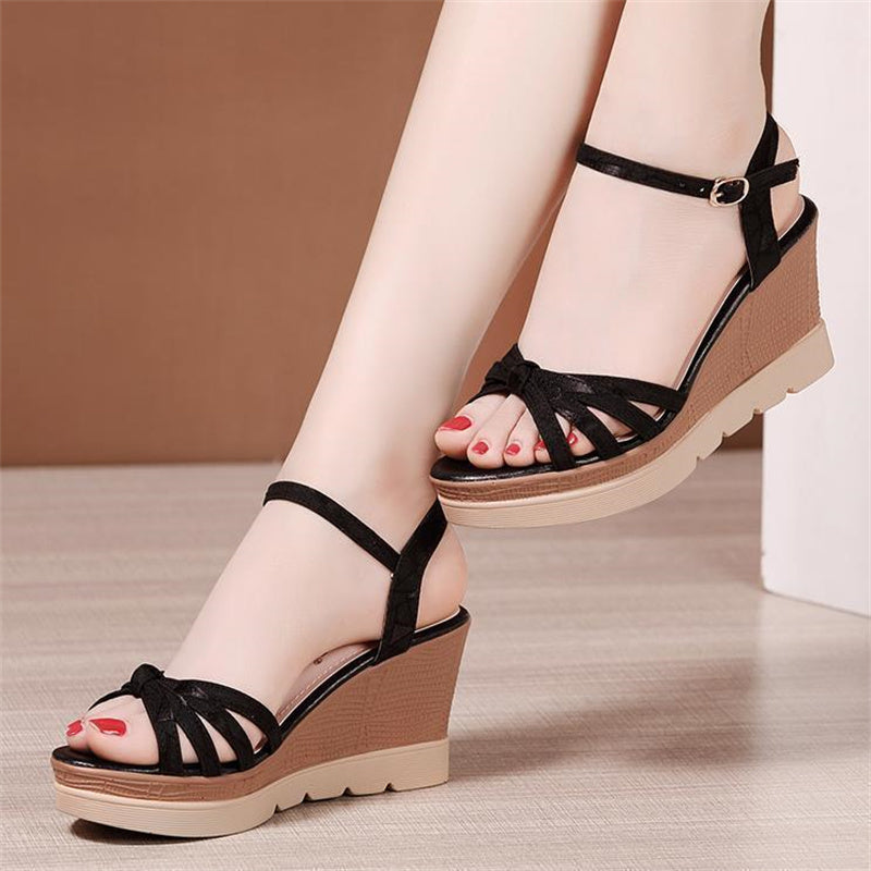 Ddbos Hot Sale Thick Sole Leather Casual Platform Sandals Women Summer High Heels Wedges Shoes for Office Beach Mother