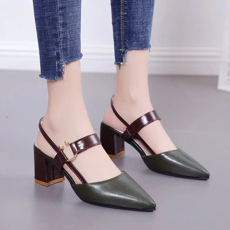 Spring Hollow Coarse Sandals High-heeled Shallow Mouth Pointed Pumps Shoes Women Female Sexy High Heels Large Size Mujer A