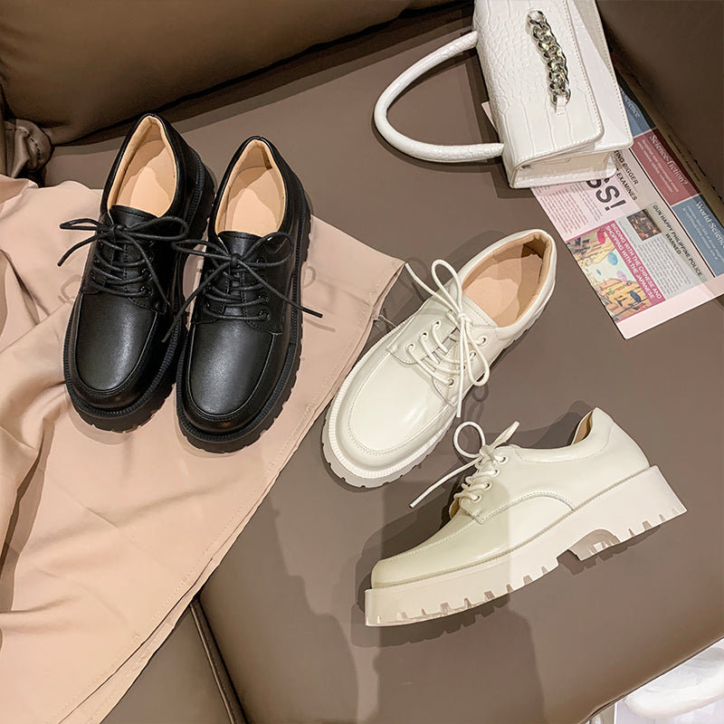 Ddbos Women Shoes Genuine Leather New Spring British style White Women's loafers Round Toe Casual Platform Shoes Women