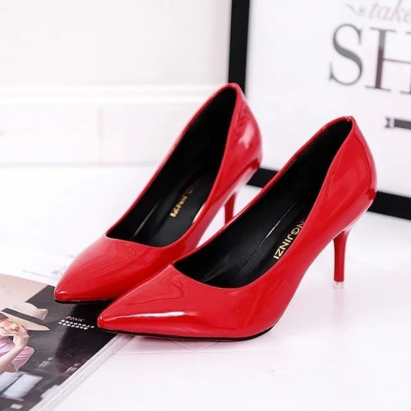 Ddbos Large Size Women's Pumps Pointed Toe Patent Leather High Heels Dress Shoes White Wedding Shoes Thin Heels Basic Pump Red