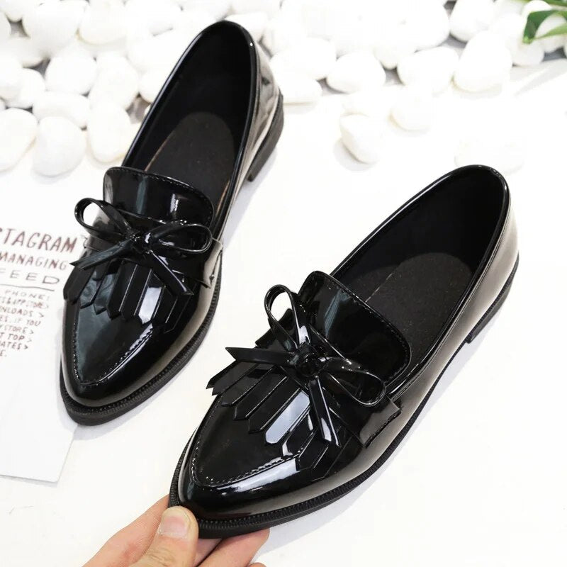 Ddbos Spring Brand Shoes Woman Casual Tassel Bow Pointed Toe Black Oxford Shoes for Women Flats Comfortable Slip on Women Shoes