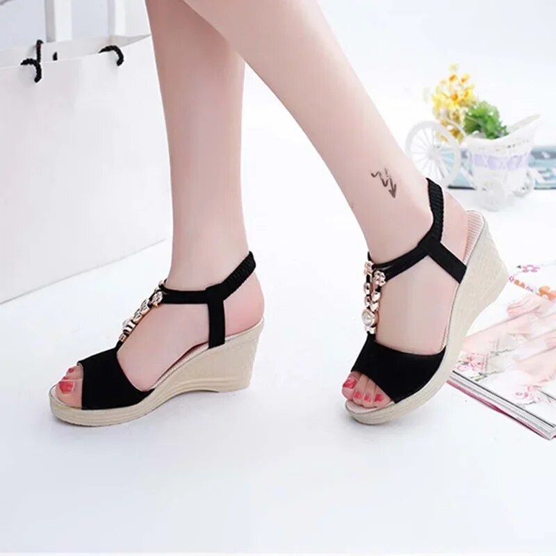 Ddbos Summer Ladies Platform Wedge Sandals with Rhinestone Red Beige Casual Comfortable Slope Heel Open Toe Shoes Women's Luxury