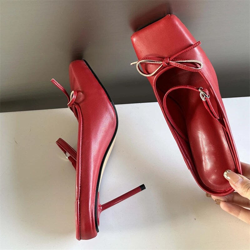 Ddbos Sexy Square head Thin Heels Wedding Banquet Dress Mule Ladies Shoes 2024 Designer Bowknot Buckle Strap Pumps Women