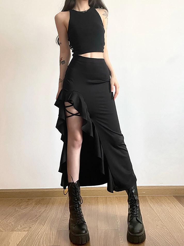 Ddbos - High Waist Irregular Split Goth Skirt