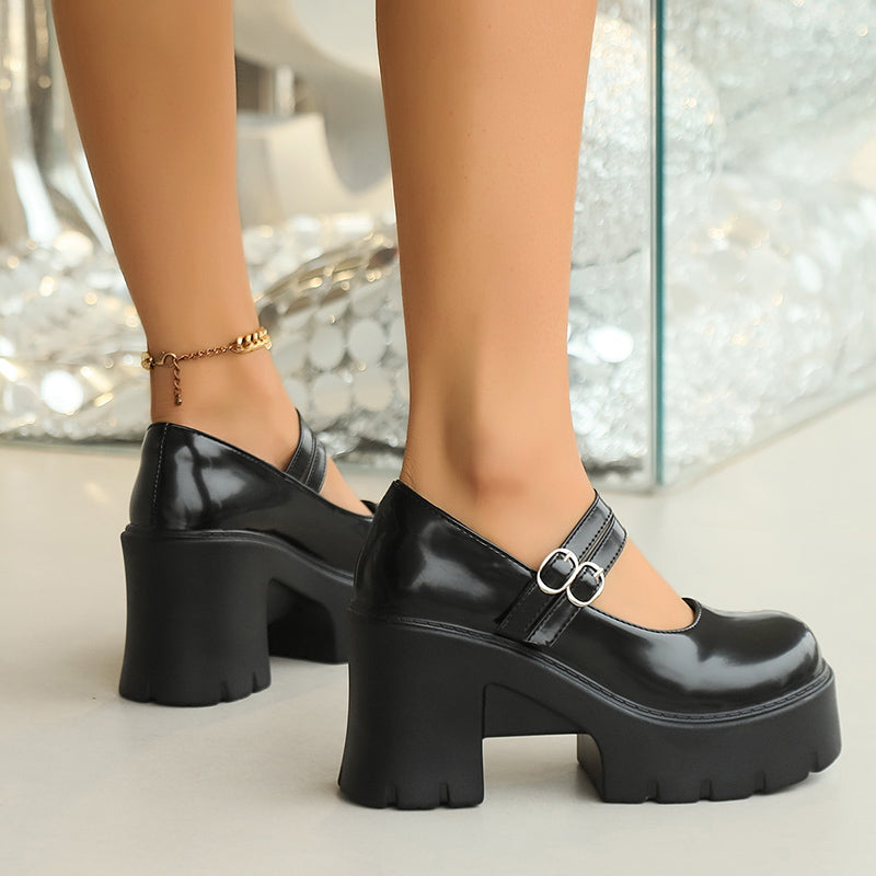 Ddbos Fashion Buckle High Heels Mary Janes Women Pu Leather Chunky Platform Pumps Woman Round Toe Square Heeled Prom Shoes