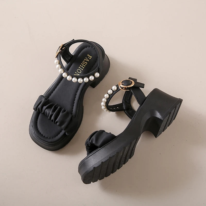 Ddbos Summer New Round Toe Open Toe Pearl Chain Buckle Thick Sole Waterproof Platform Comfortable Women Sandals Women's Single Shoes