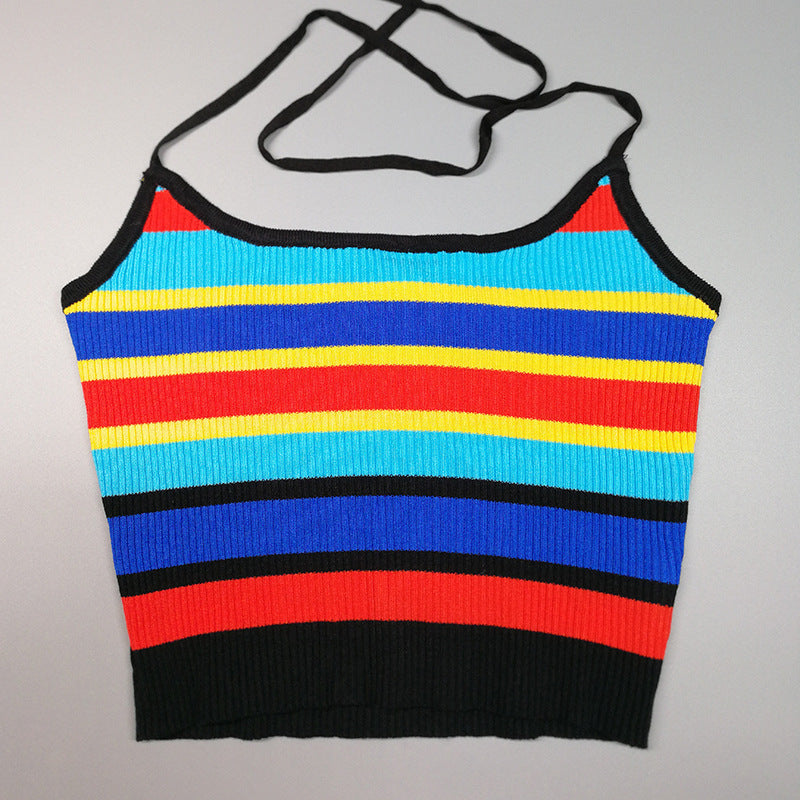 curvy casual outfits Women's Sexy Hot Girl Camisole with Multi-Color Striped Short Navel Vest