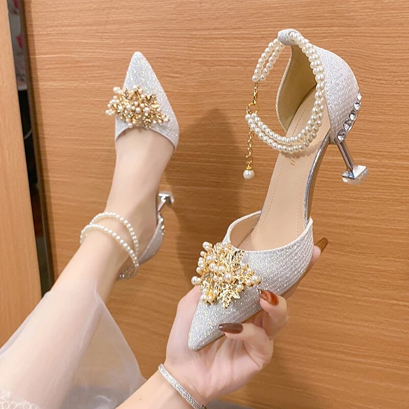 Ddbos Ladies Shoes on Sale New Fashion Pointed Metal Beaded Solid Women's High Heels Summer Leisure Banquet Women Wedding Pump