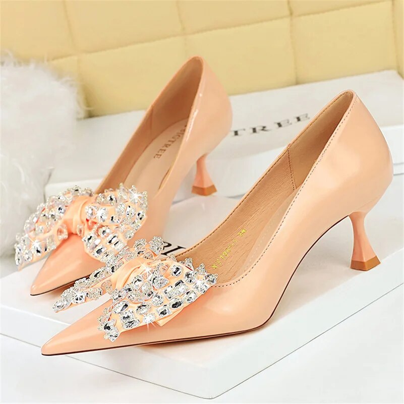 Ddbos Women 5.5cm High Heels Green Pumps Lady Plus Size 34-43 Wedding Middle Low Kitten Heels Bling Crystal Rhinestone Party Bow Shoes