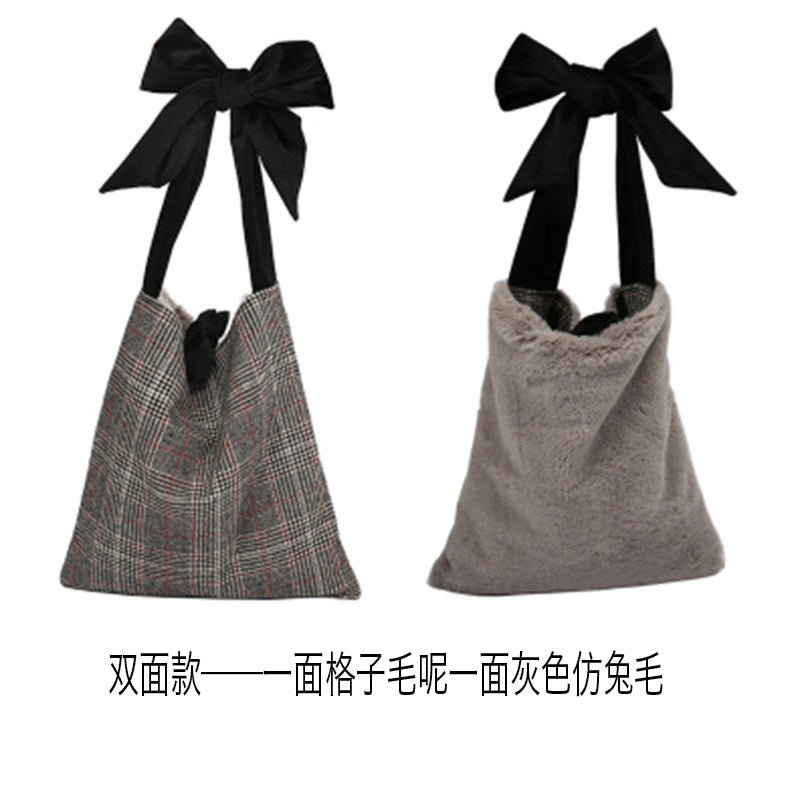 Vintage Plaid Plush Double-Sided Messenger Bag Women's Autumn and Winter Fashion Lace-up Large Capacity Shoulder Bag