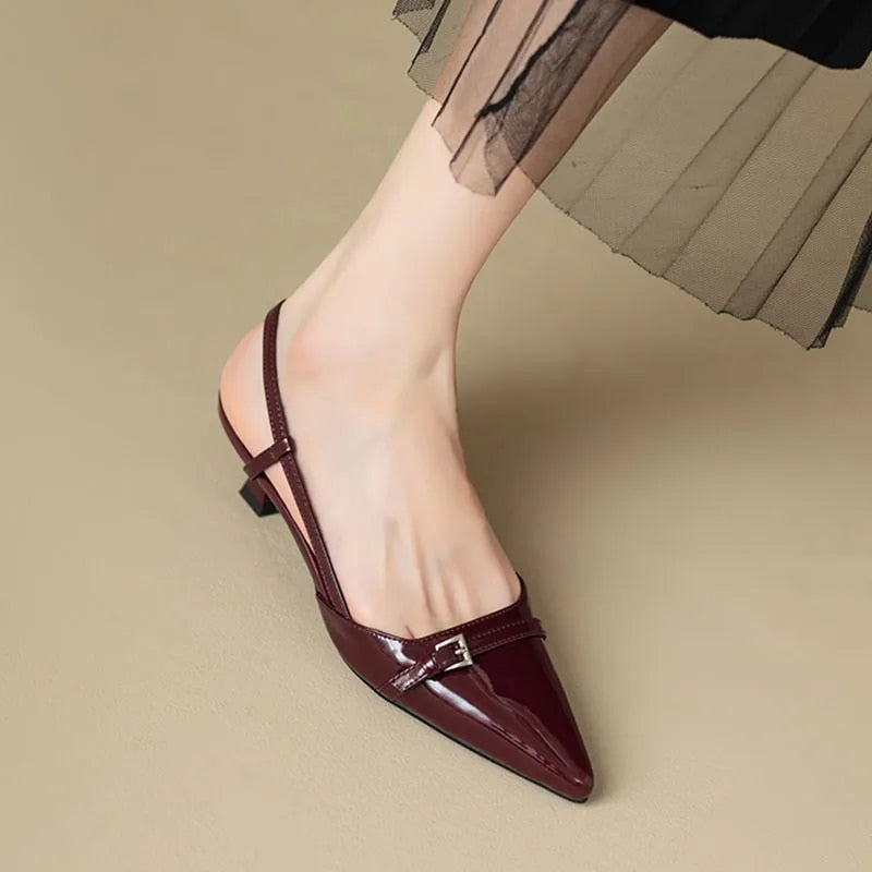 Ddbos New Summer Women's Dress Shoes Pointed Toe Sandals Buckle Slingbacks Mid Heels Pumps Patent Leather Slip on  Zapatos Mujer