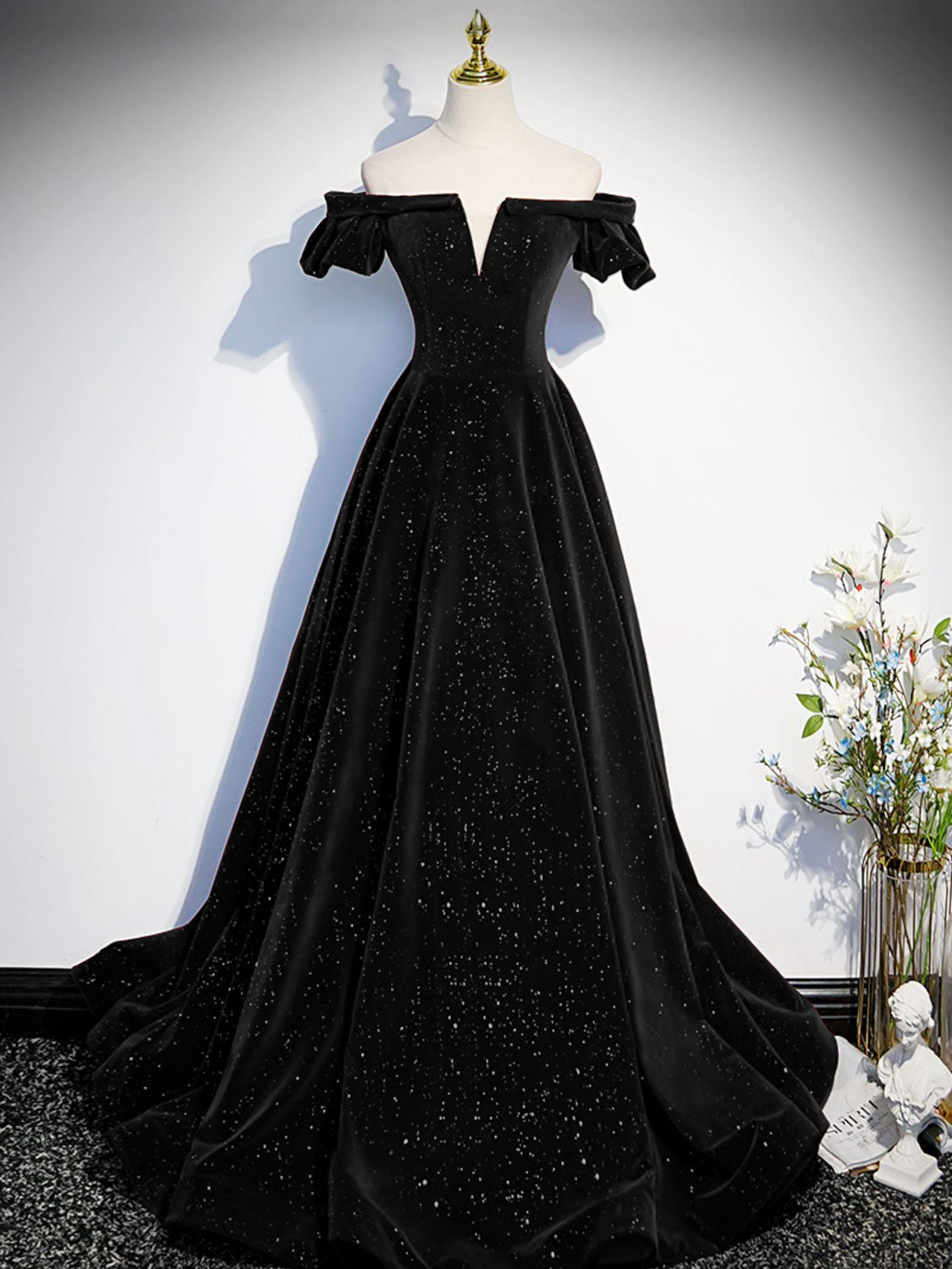 Ddbos A-Line Off Shoulder Velvet Black Long Prom Dresses, Black Formal Evening Dress