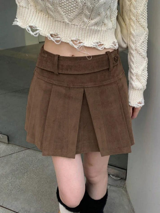 Ddbos - Vintage Brown Corduroy Belted Pleated Mini Skirt