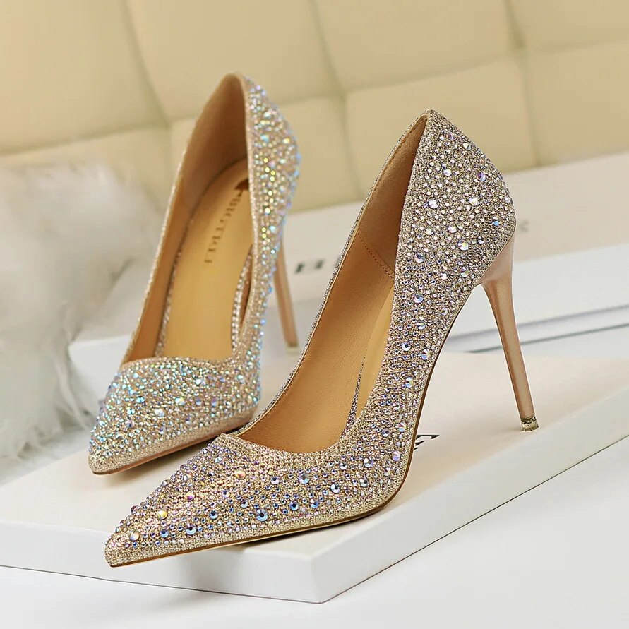 Ddbos Women 10cm High Heels Stripper Bling Scarpins Pumps Lady Stiletto Wedding Bridal Party Fetish Crystal Rhinestone Gold Prom Shoes