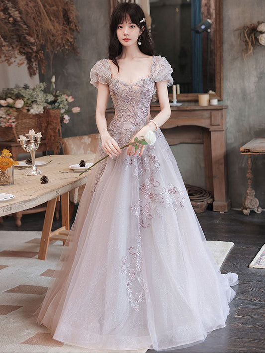 Ddbos Elegant Tulle Sequin Beads Long Prom Dress Tulle Formal Dress