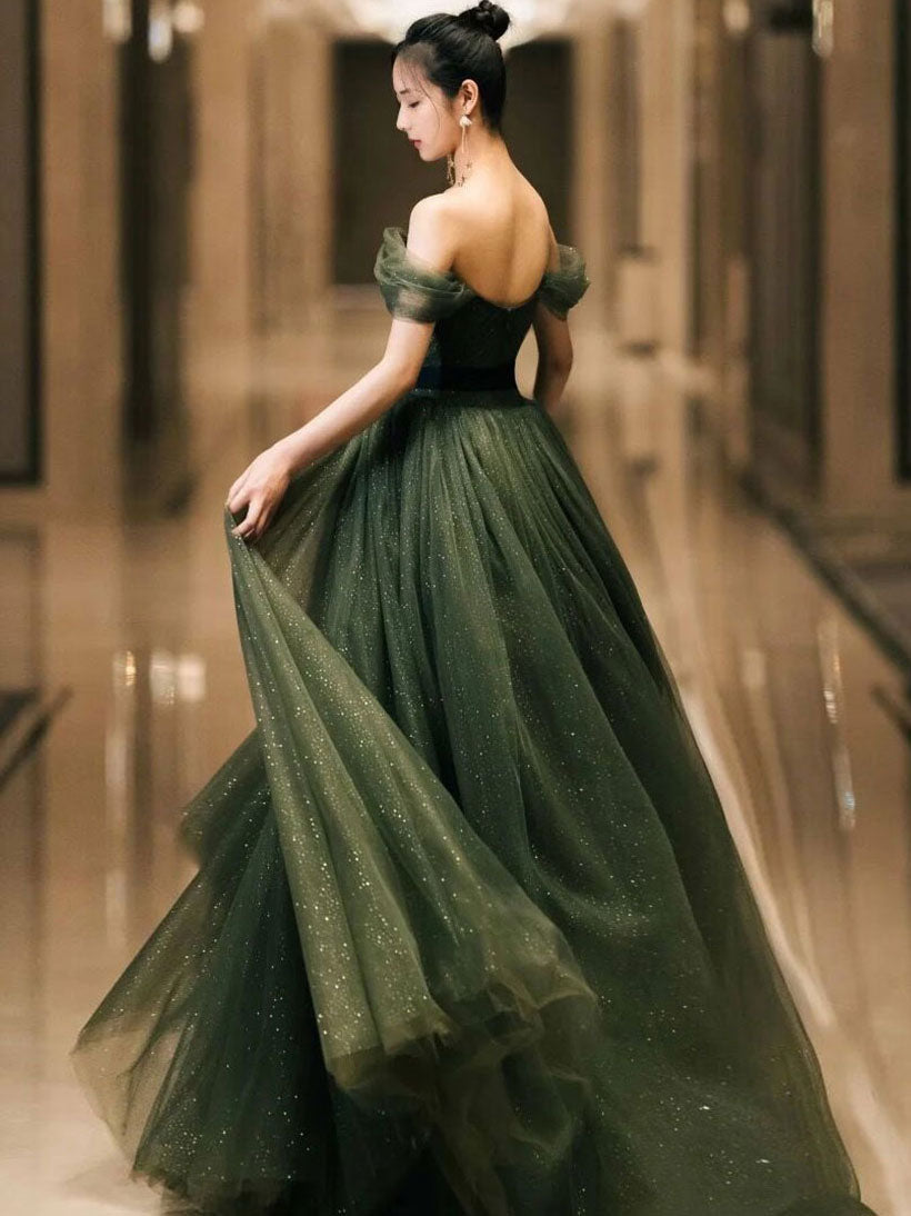 Ddbos Simple Green Sweetheart Tulle Long Prom Dress, Green Formal Dresses