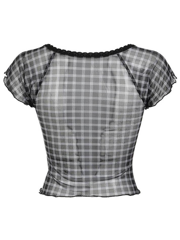 Ddbos - Vintage Plaid Mesh Ruffle Top