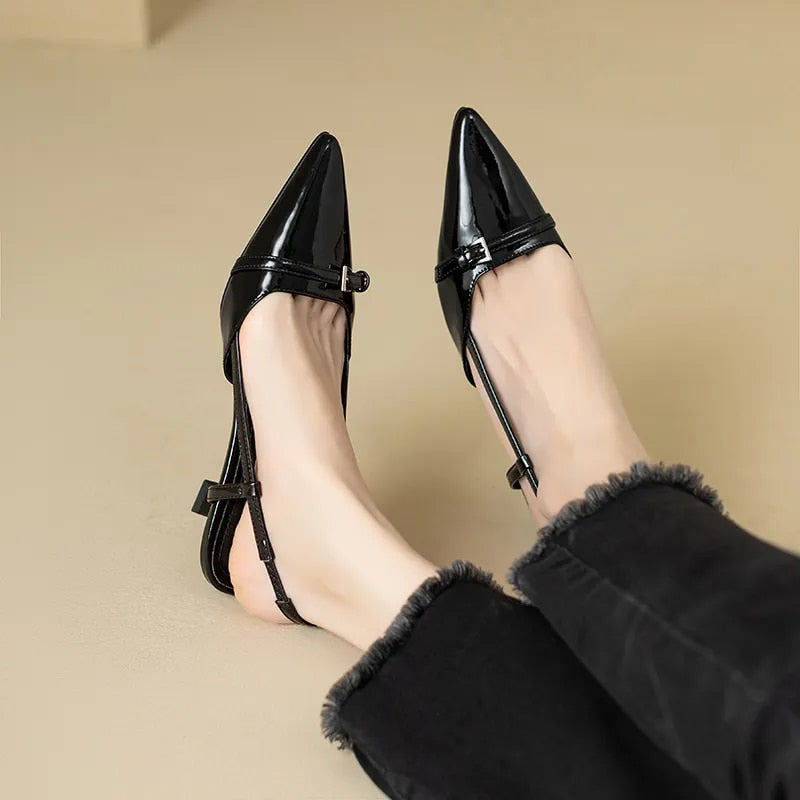 Ddbos New Summer Women's Dress Shoes Pointed Toe Sandals Buckle Slingbacks Mid Heels Pumps Patent Leather Slip on  Zapatos Mujer