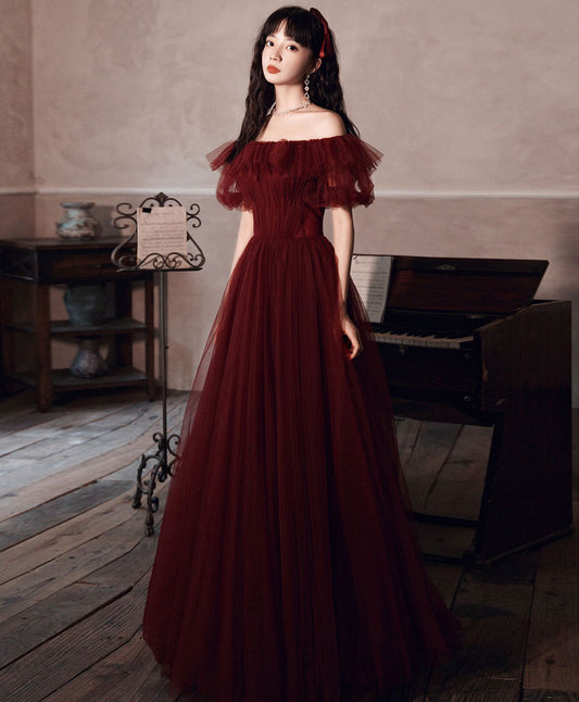 Ddbos Simple Burgundy Off Shoulder Tulle Long Prom Dress Burgundy Evening Dress