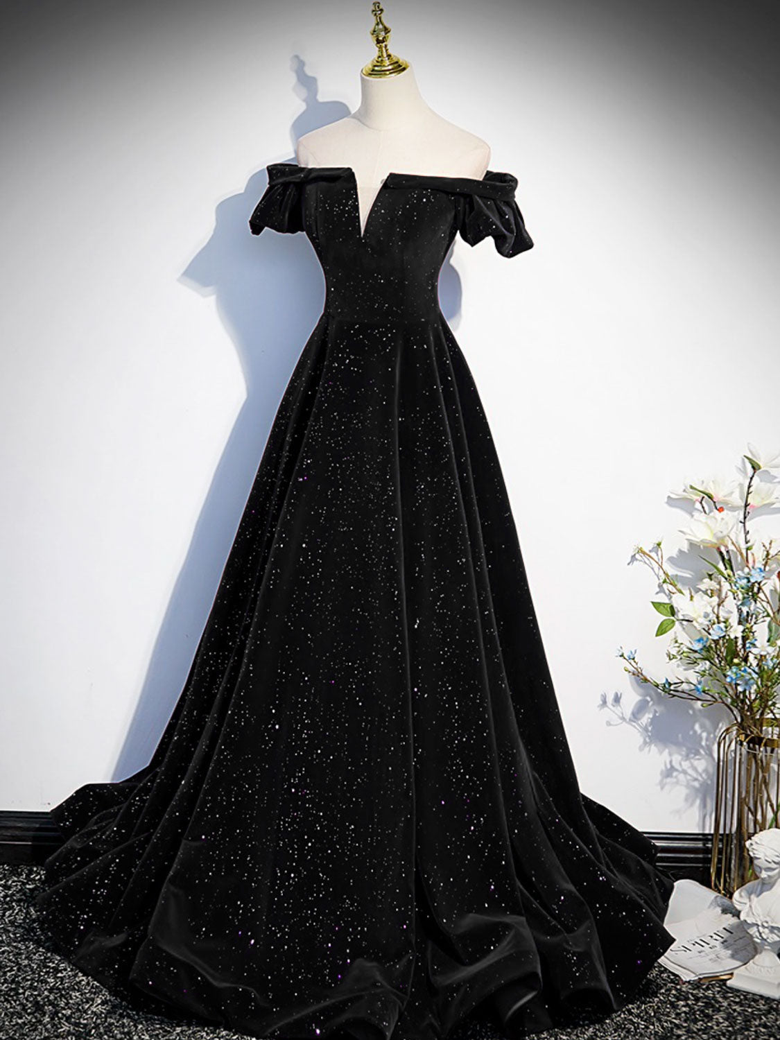 Ddbos A-Line Off Shoulder Velvet Black Long Prom Dresses, Black Formal Evening Dress