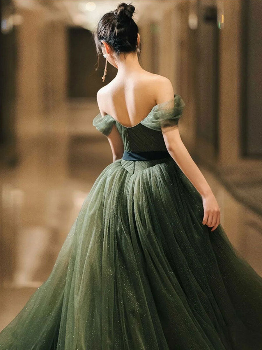 Ddbos Simple Green Sweetheart Tulle Long Prom Dress, Green Formal Dresses