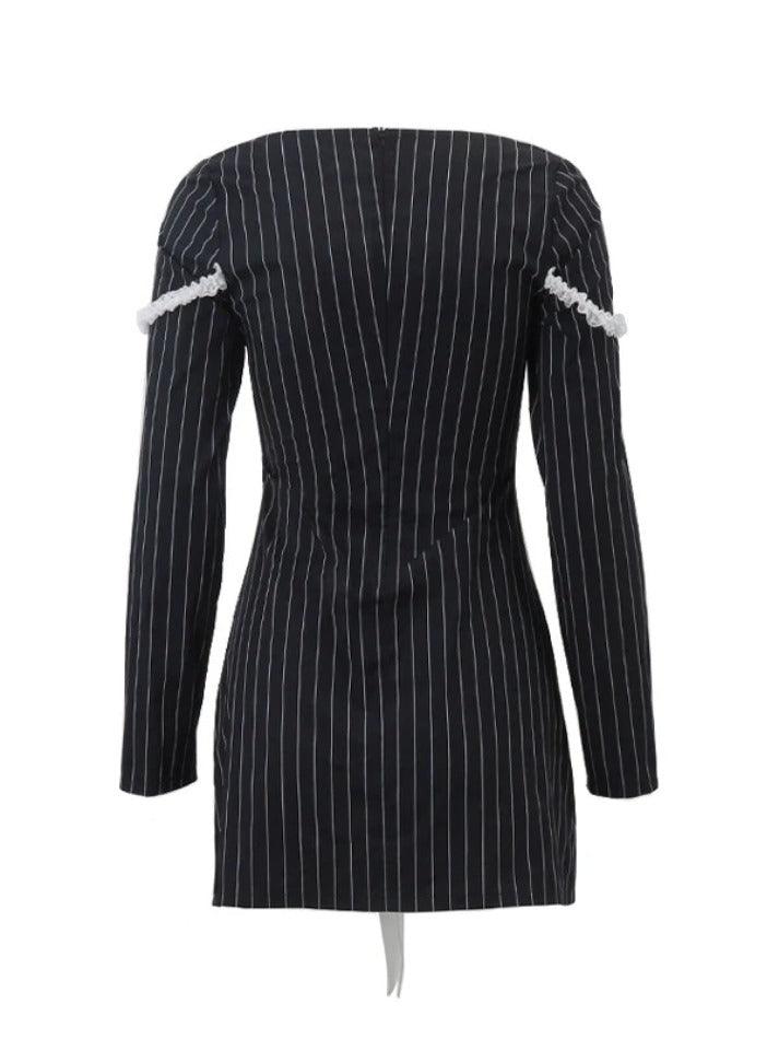 Ddbos - French Square Neck Bow Lace Up Pinstripe Mini Dress