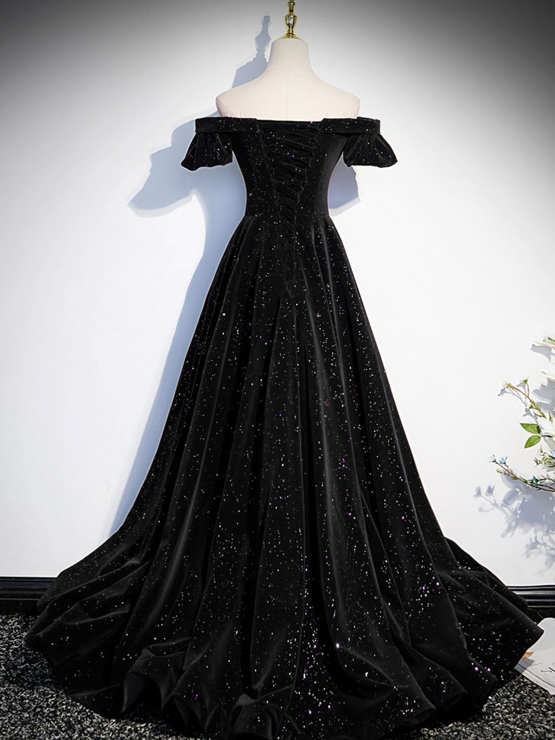 Ddbos A-Line Off Shoulder Velvet Black Long Prom Dresses, Black Formal Evening Dress