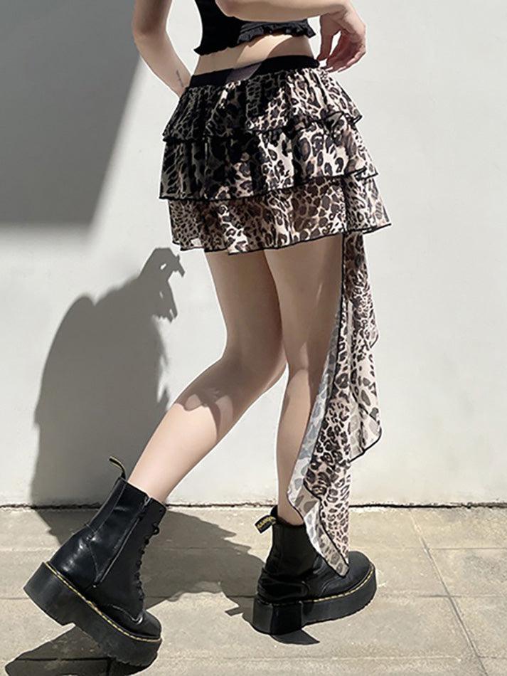 Ddbos - Leopard Print Irregular Ruffle Mini Skirt