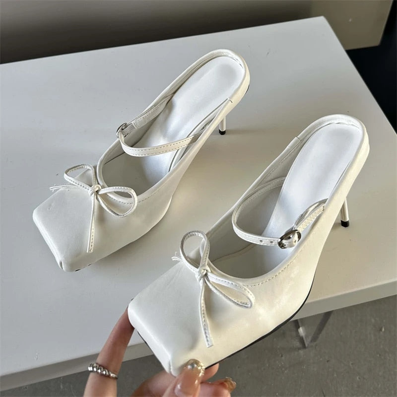 Ddbos Sexy Square head Thin Heels Wedding Banquet Dress Mule Ladies Shoes 2024 Designer Bowknot Buckle Strap Pumps Women