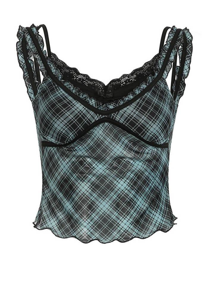 Ddbos - Mock Two Piece Ruffled-Trim Plaid Mesh See-Through Tank Top