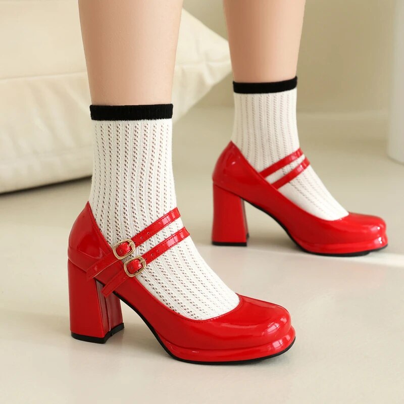 Women Pumps Mary Jane Shoes SquareToe Spring Atummn Patent Leather Two Straps 8cm High Heel Elegant Lady Party Dress Shoes 34-43