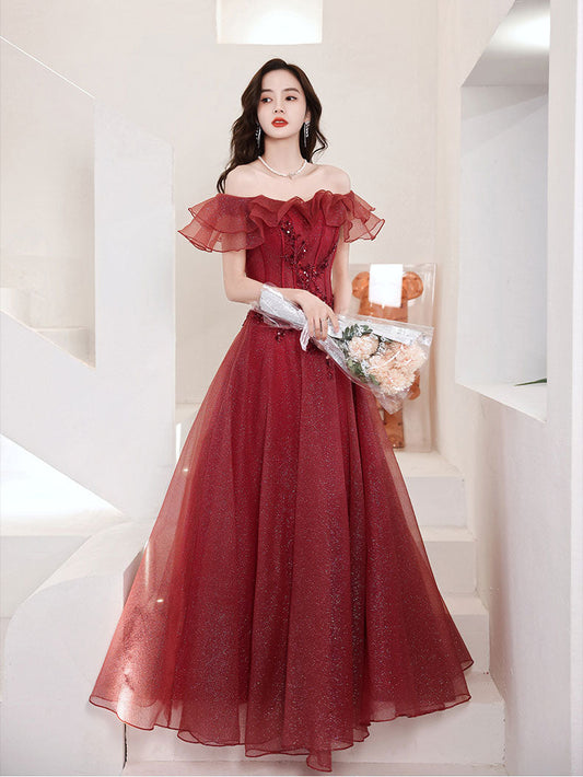 Ddbos Burgundy Tulle Off Shoulder Long Prom Dress, Burgundy Evening Dress