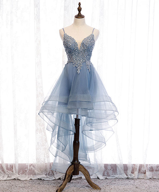 Ddbos DRESS TO IMPRESS Blue Sweetheart Tulle Lace High Low Prom Dress, Blue Homecoming Dress