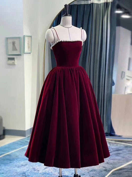 Ddbos Simple Burgundy Tea Length Prom Dress, Burgundy Homecoming Dress