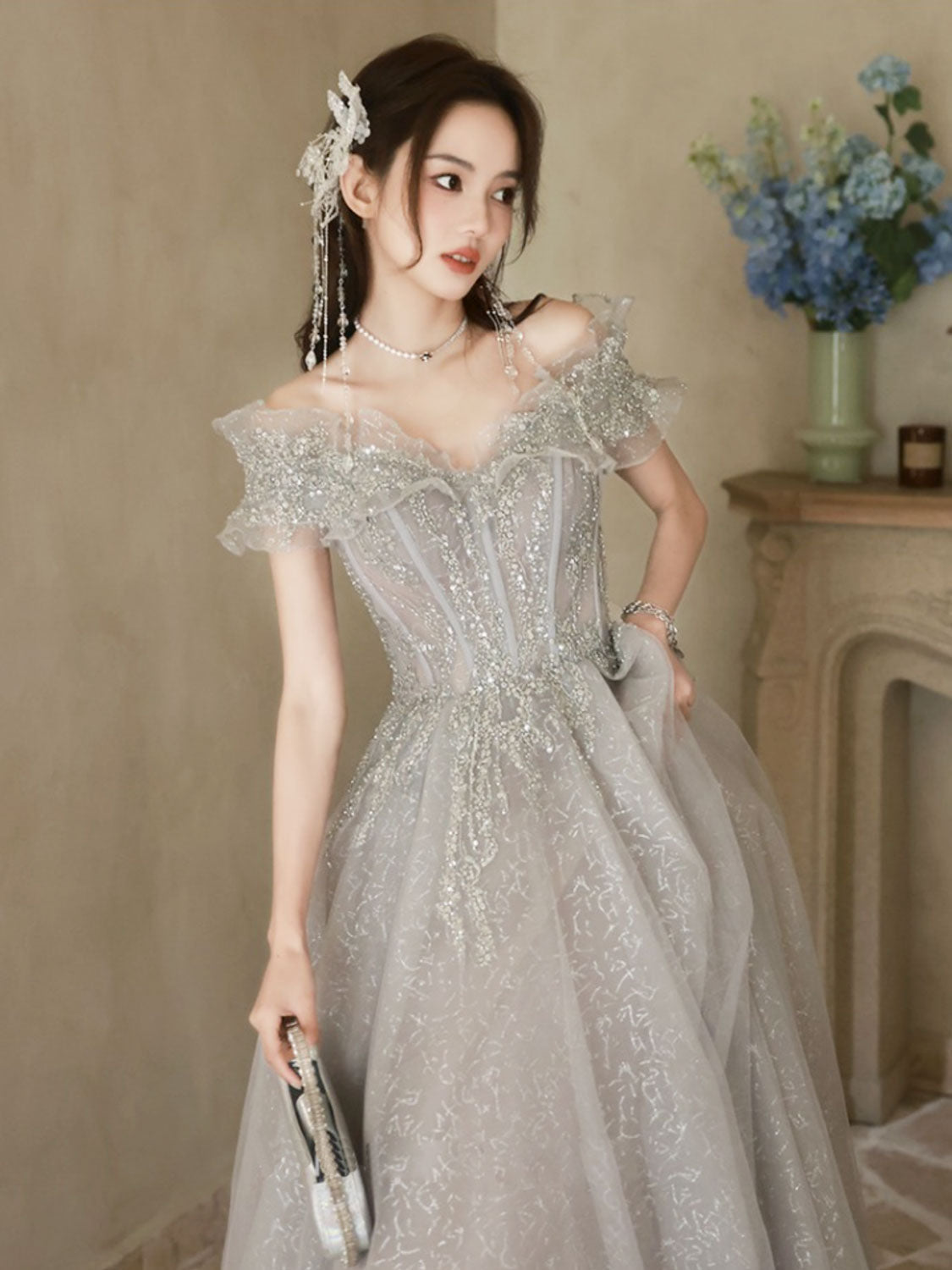 Ddbos A-Line Off Shoulder Tulle Sequin Gray Long Prom Dress, Gray Formal Dress