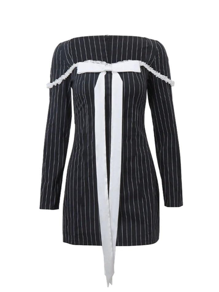 Ddbos - French Square Neck Bow Lace Up Pinstripe Mini Dress